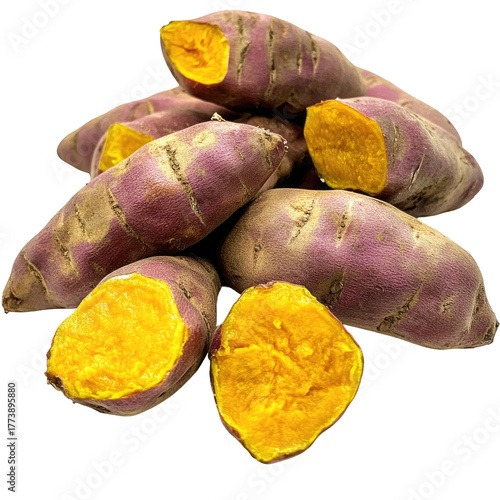 Pile of ripe sweet potatoes with cut sections isolated on transparent background