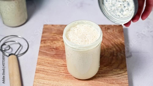 Fresh leaven sourdough starter in glass jars, bright background
