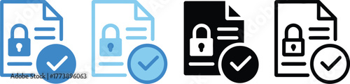 Secure Document Icon Collection - Digital Lock and Verified Checkmark Symbols for Data Protection and Access Approval