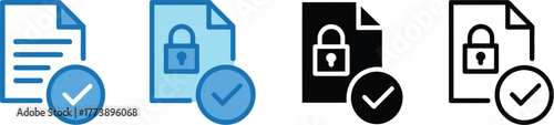 Collection of secure document icons, featuring various styles including solid fill, outline, and monochrome, all indicating verified and protected information