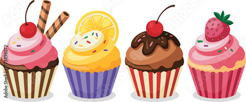 A delightful assortment of vibrant, frosted cupcakes, each a miniature masterpiece of sweet indulgence and colorful decoration, perfect for celebrations and sweet cravings