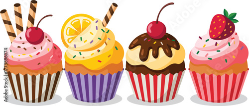 Four vibrant illustrated cupcakes, each with unique sweet toppings like sprinkles, fruit, chocolate, and wafer sticks, perfect for bakery, party, and dessert graphics