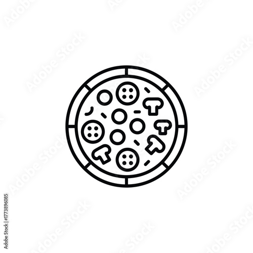 Simple line art icon of a delicious pepperoni and mushroom pizza