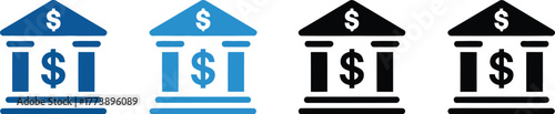 Vector icons depicting classic financial buildings with temple-style architecture, columns, pediments, and prominent dollar signs. Ideal for banking and economic graphic designs