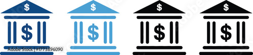 Each icon features a stylized bank building with prominent columns and a clear dollar sign, presented in multiple color variations including vibrant blue and elegant black