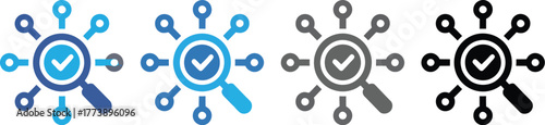 Verified search and data analysis icon set. Magnifying glass with a check mark symbolizes successful validation and inspection across a distributed network system