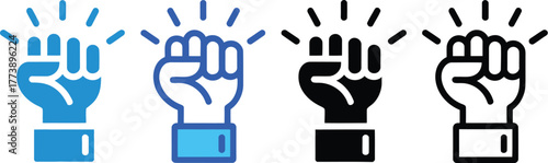 Illustration of four different fist icons symbolizing strength, power, and solidarity in blue, navy, black, and white