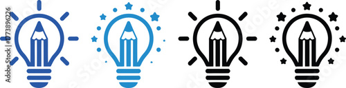 Creative idea icon set featuring a lightbulb combined with a pencil, illustrating concepts of innovation, design, and inspiration