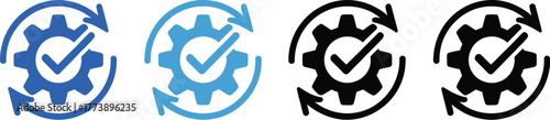 A collection of workflow automation and quality control vector icons in blue and black, featuring a gear, checkmark, and circling arrows for continuous process and successful implementation