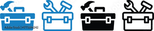 Set of four toolbox icons, depicting various tools within a case, with an option for a checkmark symbol, rendered in blue and black