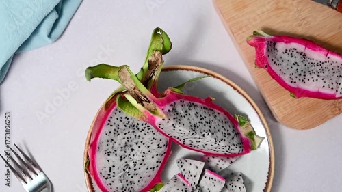 Fresh Pitahaya pink dragonfruit. Flat lay. exotic fruit on white background.