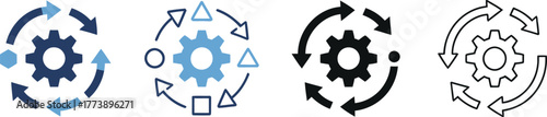 Versatile icon set featuring a cogwheel surrounded by cyclical arrows, symbolizing continuous process improvement, workflow automation, and iterative development in technology and business systems