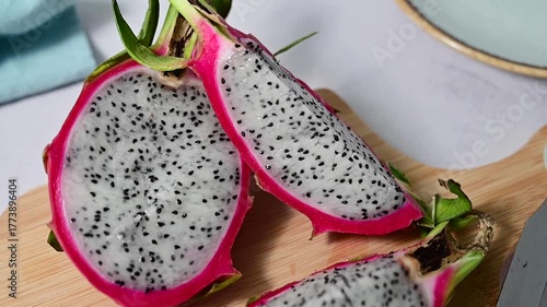 Fresh Pitahaya pink dragonfruit. Flat lay. exotic fruit on white background.