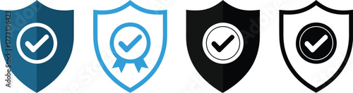 A versatile collection of security shield icons with checkmarks, illustrating concepts of trust, validation, and quality assurance in various flat and outline styles