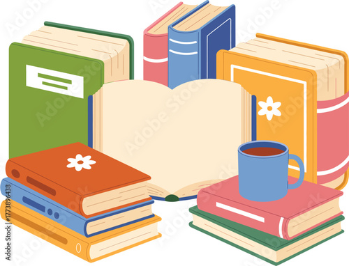 Vibrant stacks of colorful books including green, blue, orange, and pink, featuring an open book and a warm beverage, symbolizing knowledge, education, and the joy of reading and learning