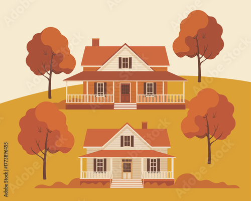 Charming illustration of traditional homes with inviting wraparound porches, white siding, red-orange roofs, and autumn trees on a rolling rural landscape