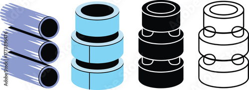 A collection of industrial component vector icons showing a bundle of pipes and stacked mechanical bushings in color, silhouette, and line art styles