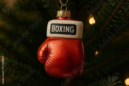 Boxing glove-shaped Christmas ornament hanging on tree, macro photo