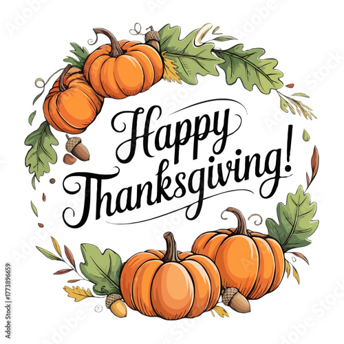 Happy thanksgiving decorative wreath with pumpkins acorns and autumn leaves isolated on white background