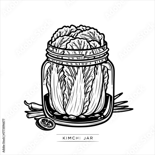 A detailed black and white line art illustration of a glass jar filled with traditional Korean kimchi.