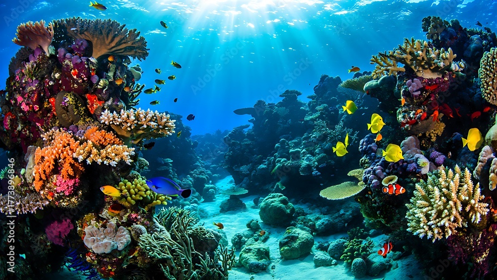 Fototapeta premium Vibrant coral reef ecosystem with sunlight rays and tropical fish