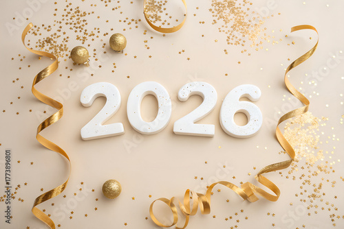 White “2026” typography surrounded by gold ribbons, glitter, and ornaments on a soft beige background — festive and refined New Year celebration visual. generative ai