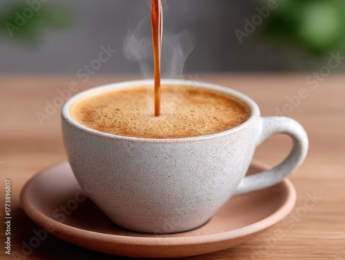 Close up of dark hot coffee being poured into a white speckled mug on a terracotta saucer on a wooden table with steam rising and blurred green background lighting.