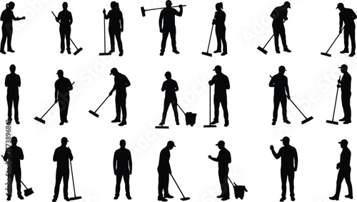 Silhouettes of janitors cleaning floor with mops, workers sweeping, hygiene maintenance team, professional cleaners at work, sanitation, housekeeping concept art