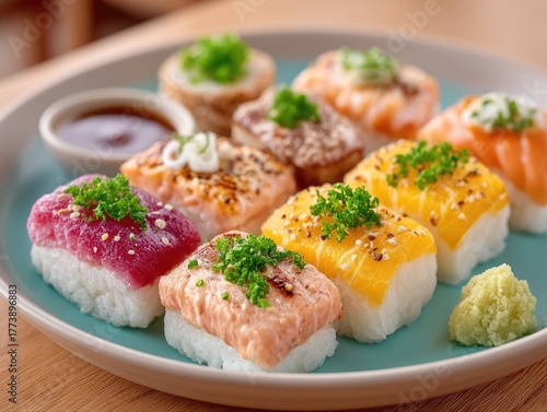 Close up of delicious gourmet sushi rolls with raw tuna and salmon topped with fresh green herbs and sesame seeds served with soy sauce and wasabi on a light blue plate
