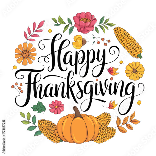 Beautifully hand lettered happy thanksgiving greeting surrounded by autumnal flowers leaves corn and a pumpkin isolated on white background