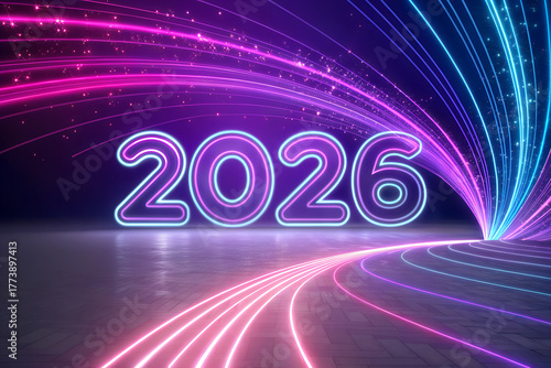 Glowing neon 2026 typography with swirling pink, purple, and blue light trails on a dark background — dynamic, futuristic celebration of the new year. generative ai