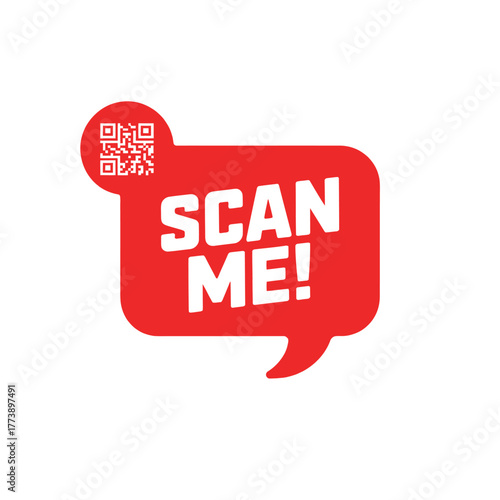 Red speech bubble with qr code and scan me text