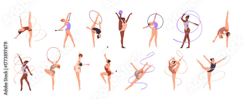 Rhythmic gymnastics set. Sportswomen are training with sports equipment: balls, ribbons. Athletes practice different acrobatic poses. Diverse women perform. Flat isolated vector illustrations on white