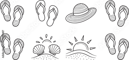 Beach Summer Vacation Line Art Collection | Sandal, Hat, Seashell, and Sunset Icon Set for Beach Themed Designs