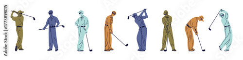 Set of colourful golfers. Golf players with clubs swing and hit ball into hole. Athletes are training to putt. Sportsmen play sports games. Flat isolated vector illustrations on white background