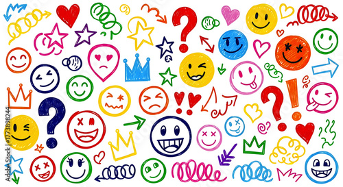 Colorful seamless pattern of vibrant, hand-drawn emojis, expressive faces, crowns, question marks, exclamation points, hearts, and arrows, all sketched in a doodle style