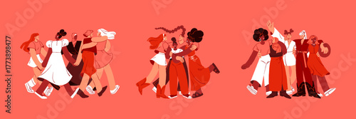 Set of happy groups of diverse girls. People hold hands, hug together, support. Female power, solidarity, equality, sisterhood. March 8, International Women's Day. Flat isolated vector illustrations.
