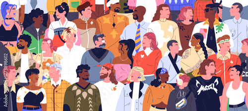 International community together. Crowd of diverse people in profile. Multiethnic group of men, women. Multinational society. Lots of characters with different nationalities. Flat vector illustration