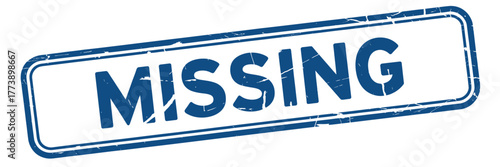Distressed missing person sign with blue text on white background