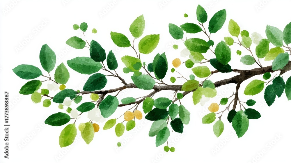 Obraz premium Watercolor Painting of a Tree Branch with Lush Green Leaves and Small Yellow Fruits on a White Background, Nature Art.