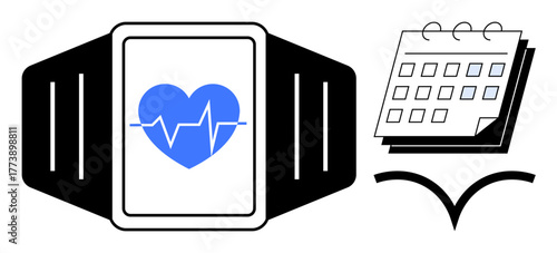 Smartwatch with heart rate monitor and calendar represents health tracking, fitness goals, time management, activity scheduling, and wellness planning. Ideal for productivity, self-care, technology