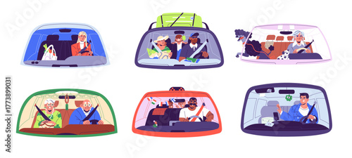 People driving cars front view set. Drivers at the wheel ride alone or with passengers. Families with kids, elderly couples travel together by automobile. Flat isolated vector illustrations on white