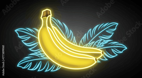Banana artwork with neon glowing effect, featuring stylized leaves in background