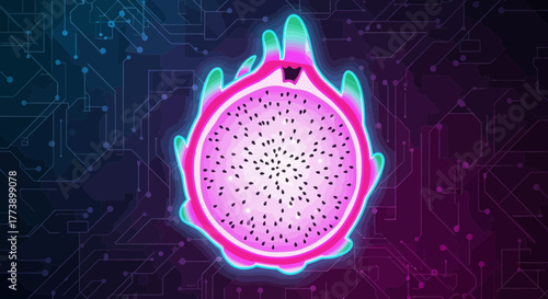 Digital Dragon Fruit Slice on Circuit Board Background Tech Food Fusion