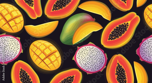 Exotic fruits arrangement, tropical design with mango, papaya and dragon fruit