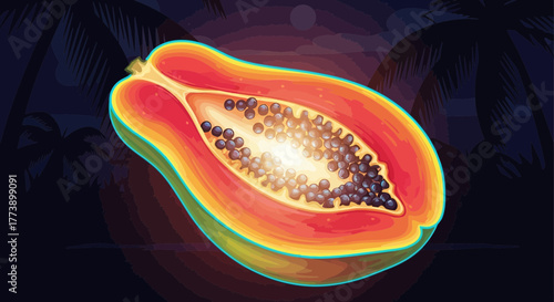 Exotic night illustration with a half-cut papaya in tropical ambiance