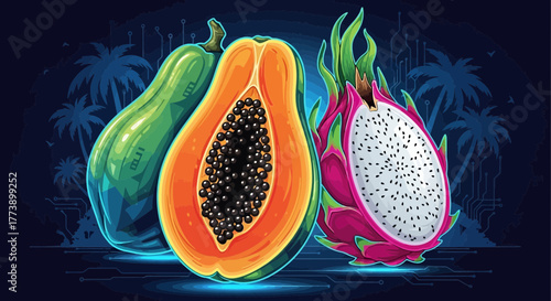 Tropical Cyberpunk Fruit Fusion with Dragon Fruit and Papaya on Digital Backdrop