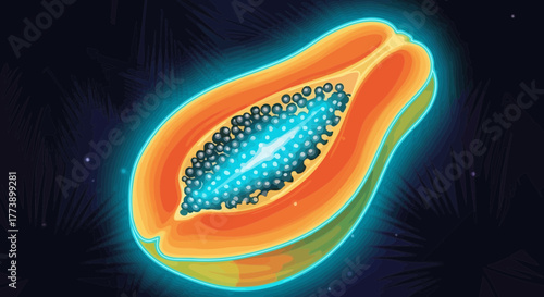 Vibrant Glowing Papaya Halved, set Against a Deep Night Sky Backdrop