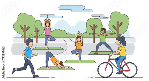 Eco friendly lifestyle vector illustration, people doing sustainable activities like recycling, cycling, planting trees, and reusing bottles, flat minimal style