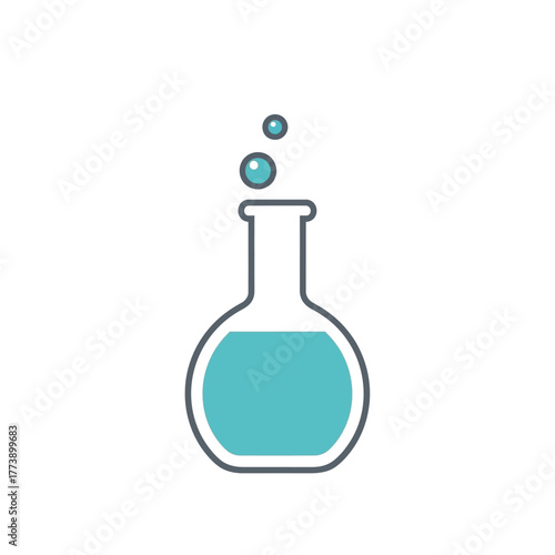 Simple vector illustration of a round-bottom flask with a bubbling turquoise chemical solution.